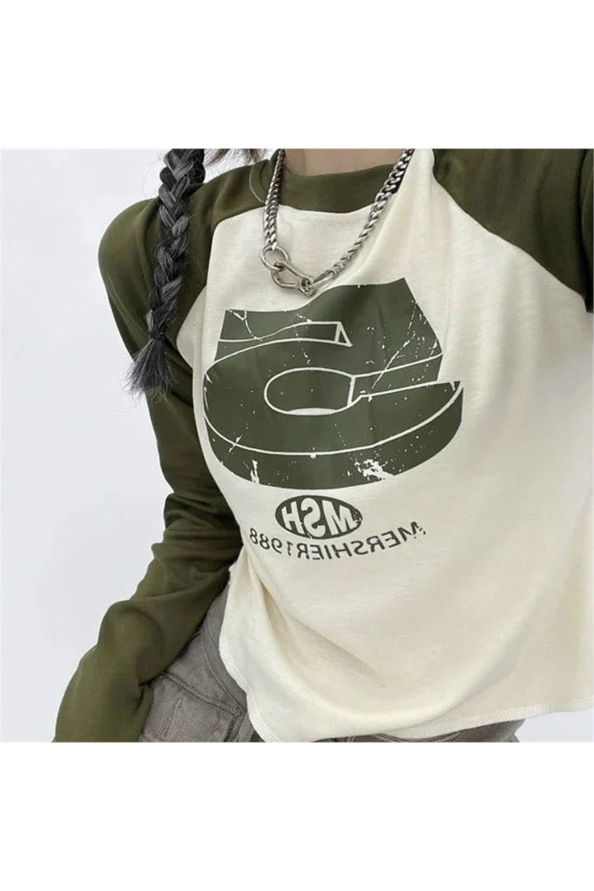 Haki Retro 5 Baskılı Uzun Kollu Crop