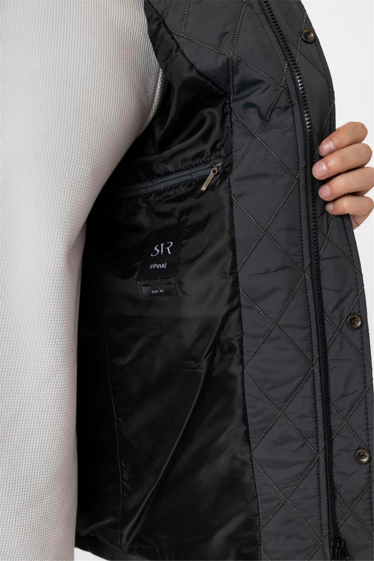 Süvari Haki Slim Kapitone Dik Yaka Mont