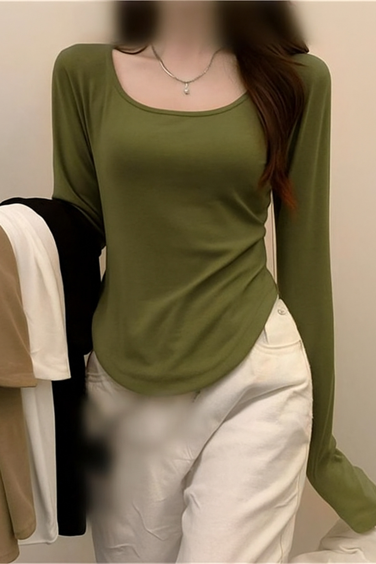 Haki Yeni Basic Y2K Uzun Kollu Crop