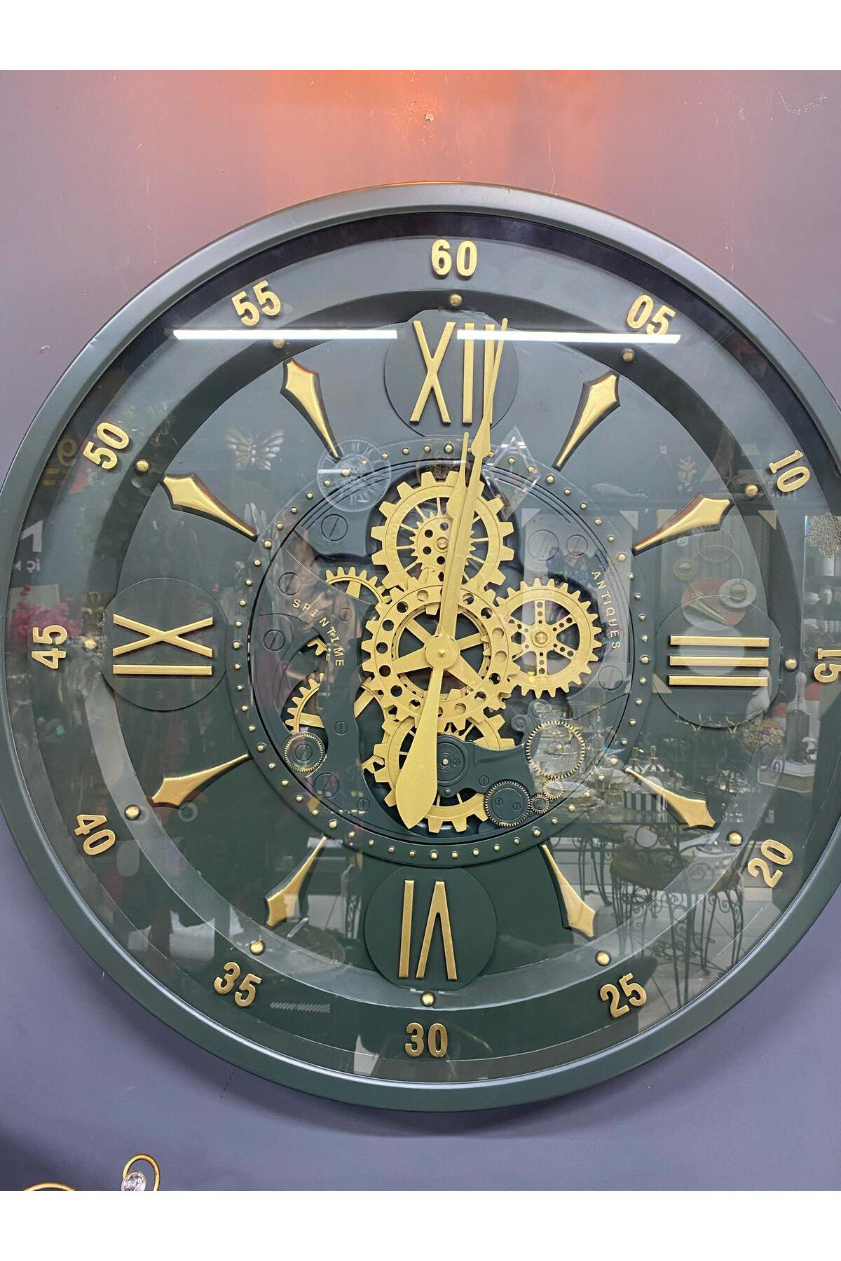 Elif Aksesuar Haki Yeşil Lüx Çarklı Metal Büyük Duvar Saati 80 Cm