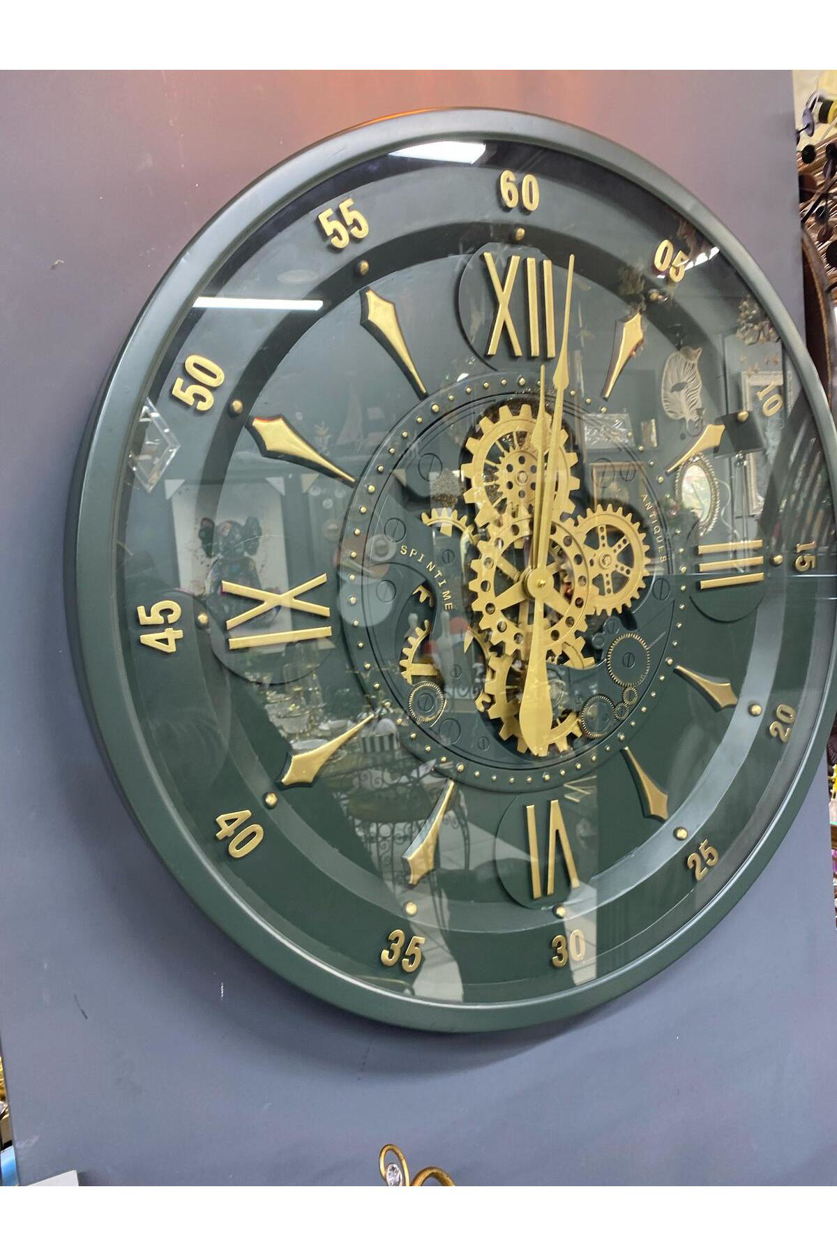 Elif Aksesuar Haki Yeşil Lüx Çarklı Metal Büyük Duvar Saati 80 Cm