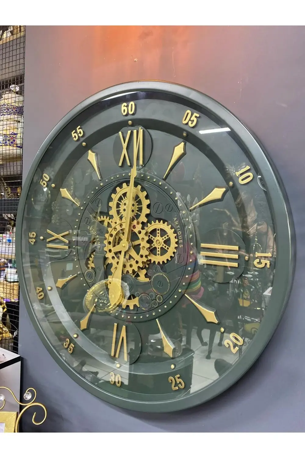 Haki Yeşil Lüx Çarklı Metal Büyük Duvar Saati 80 cm