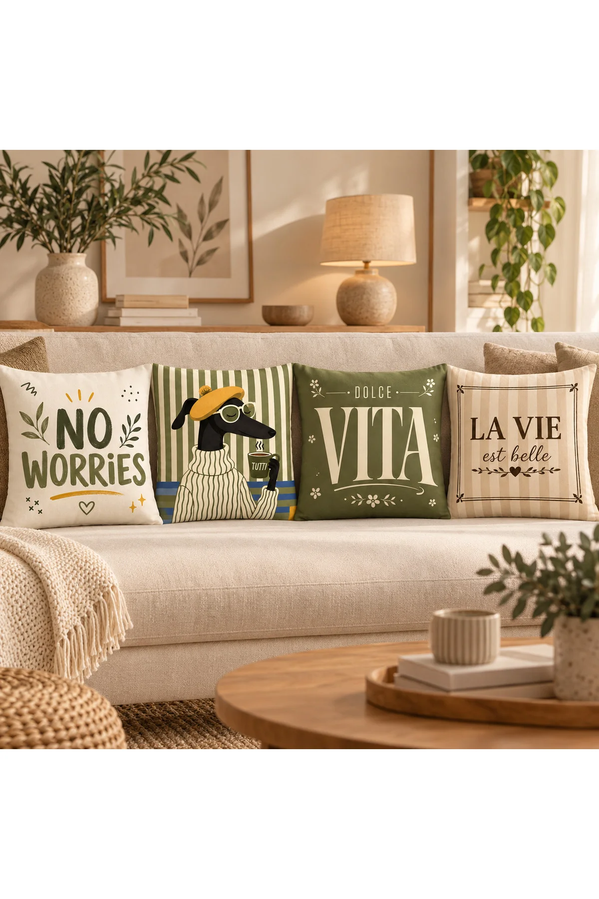 Haki Yeşil Retro Yazılı ve Köpek Desenli Dijital Baslıkı Dekoratif 4’lü Modern Bohem Kırlent Kılıfı Seti