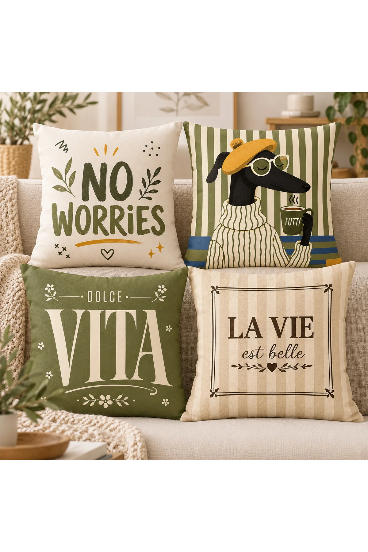 Haki Yeşil Retro Yazılı ve Köpek Desenli Dijital Baslıkı Dekoratif 4’lü Modern Bohem Kırlent Kılıfı Seti