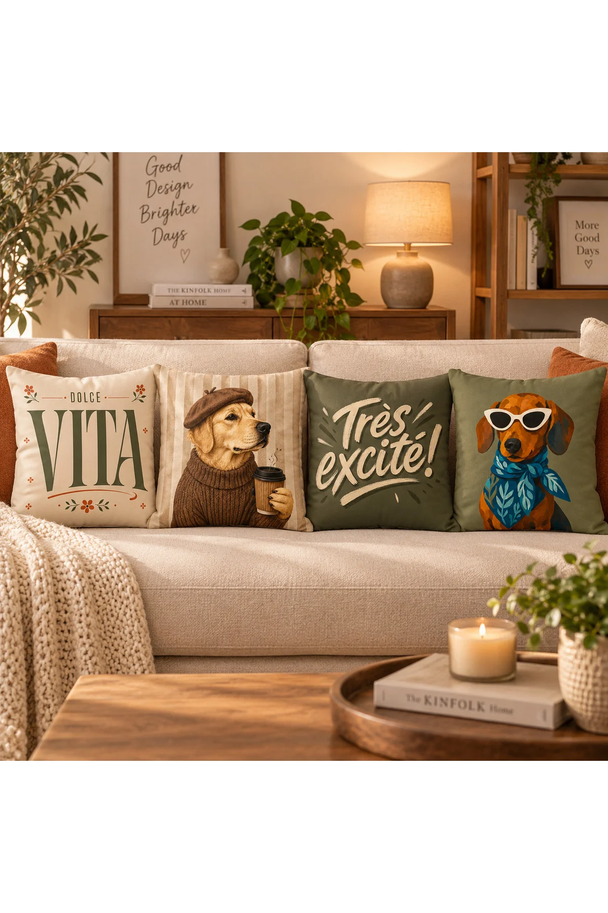 Haki Yeşil Yazılı Modern 4’lü Retro Köpek Desenli Dekoratif Kırlent Kılıfı Seti