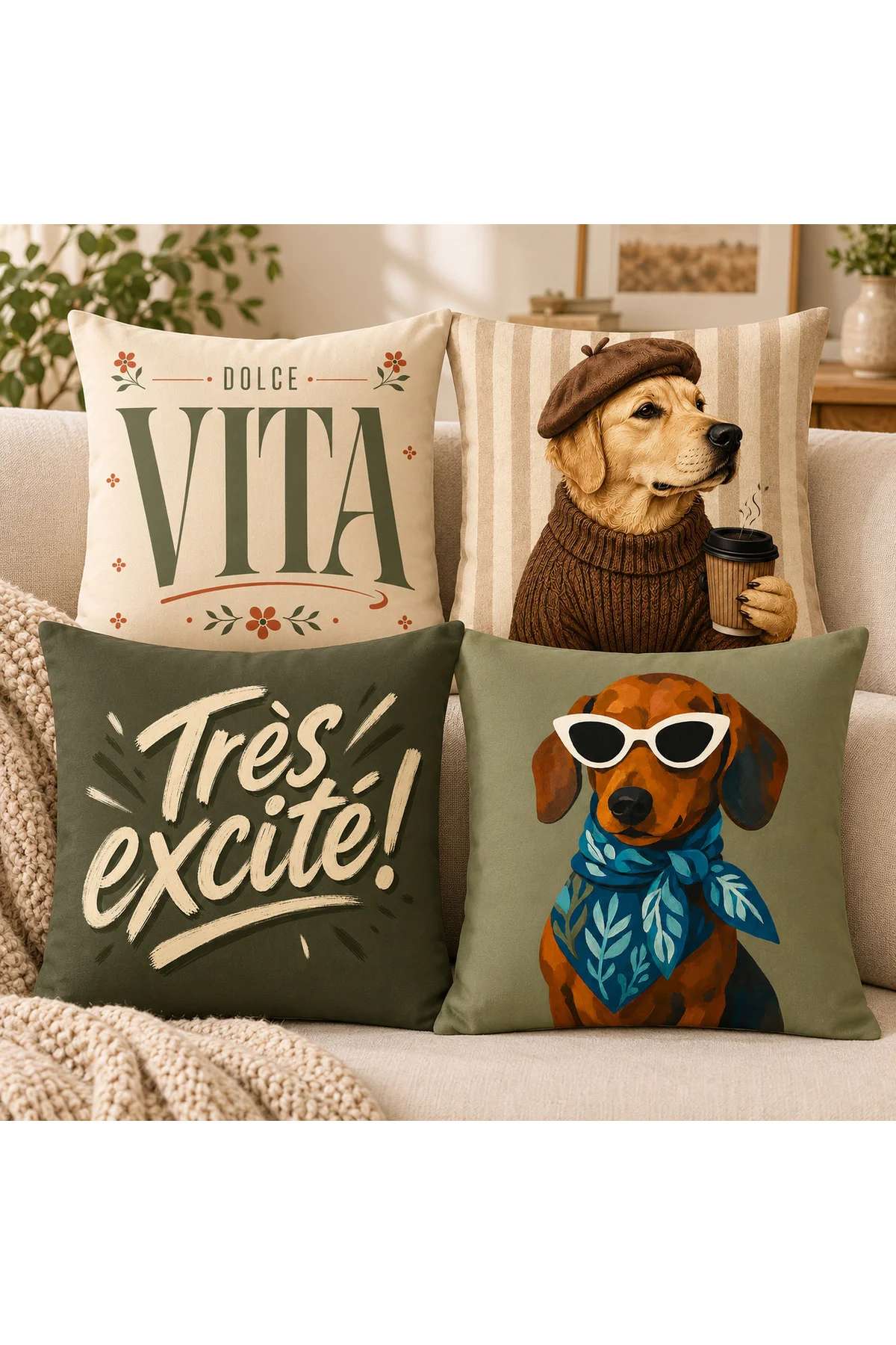 Haki Yeşil Yazılı Modern 4’lü Retro Köpek Desenli Dekoratif Kırlent Kılıfı Seti