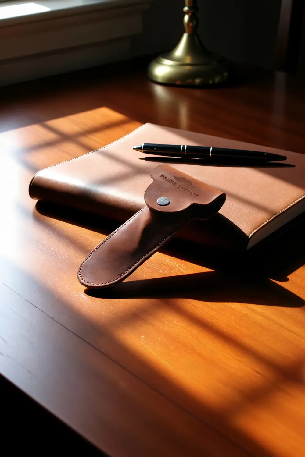 Hakiki Deri Kahverengi Tıraş Bıçağı Seyahat Kılıfı, Çıtçıt Kapakl