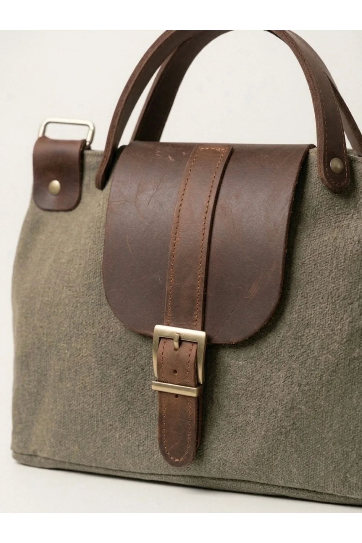 Hakiki Deri & Kanvas Kadın El Çantası Askılı Retro Omuz Çantası 28x23 cm Vintage Tasarım