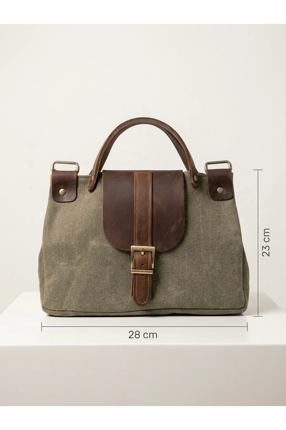 Hakiki Deri & Kanvas Kadın El Çantası Askılı Retro Omuz Çantası 28x23 cm Vintage Tasarım