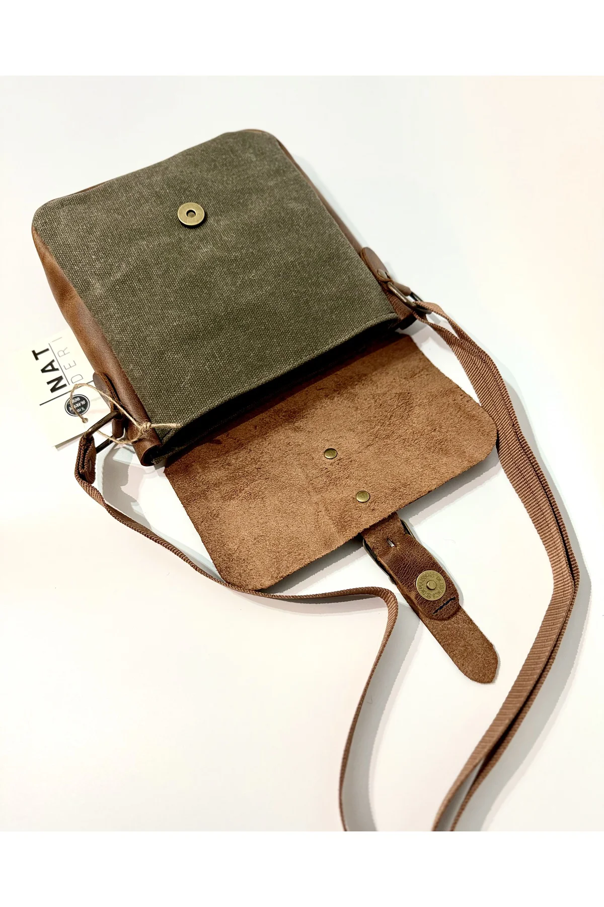 Hakiki Deri Kanvas Omuz Çantası | Ayarlanabilir Askılı, Fermuarlı