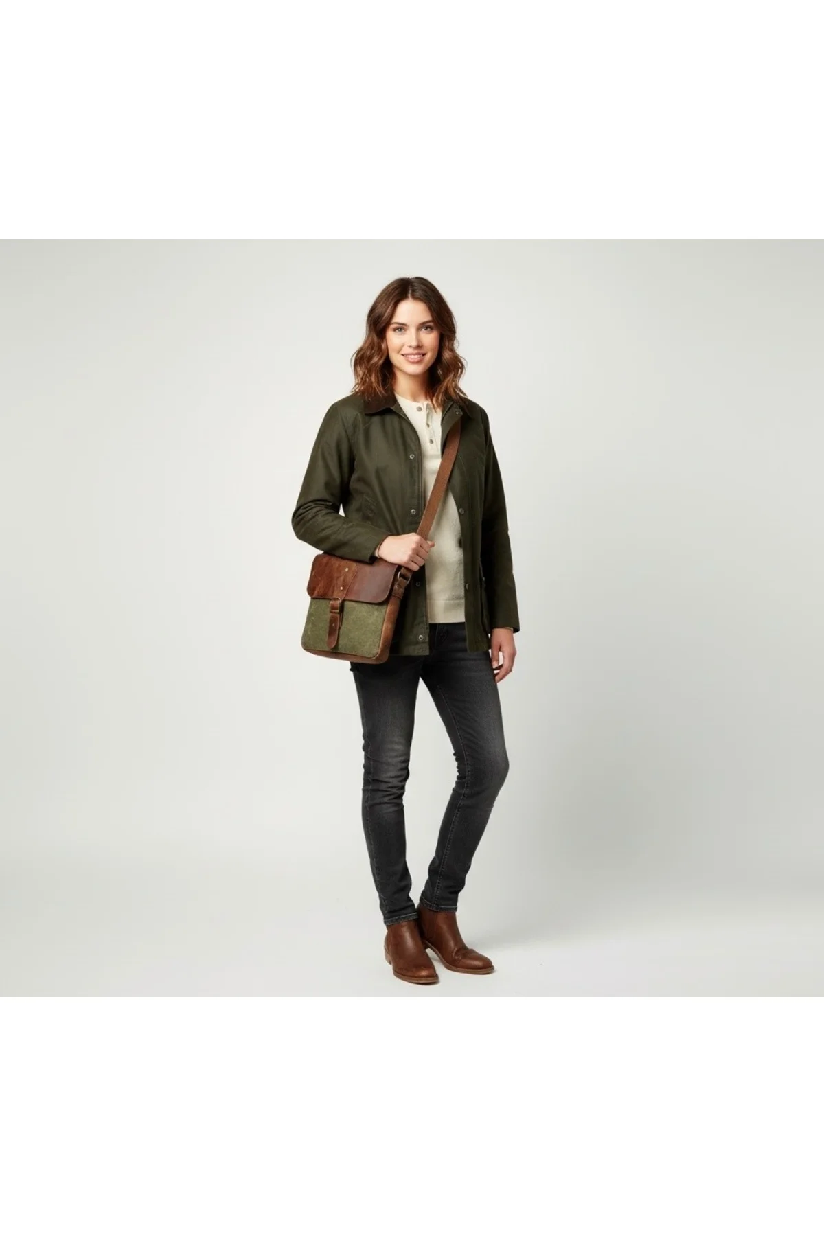 Hakiki Deri Kanvas Omuz Çantası | Ayarlanabilir Askılı, Fermuarlı