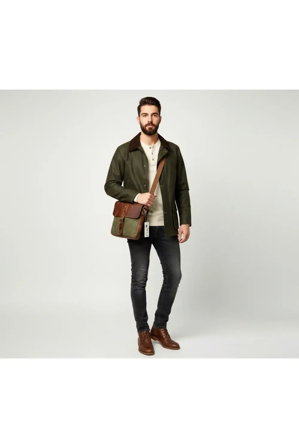 Hakiki Deri Kanvas Omuz Çantası | Ayarlanabilir Askılı, Fermuarlı