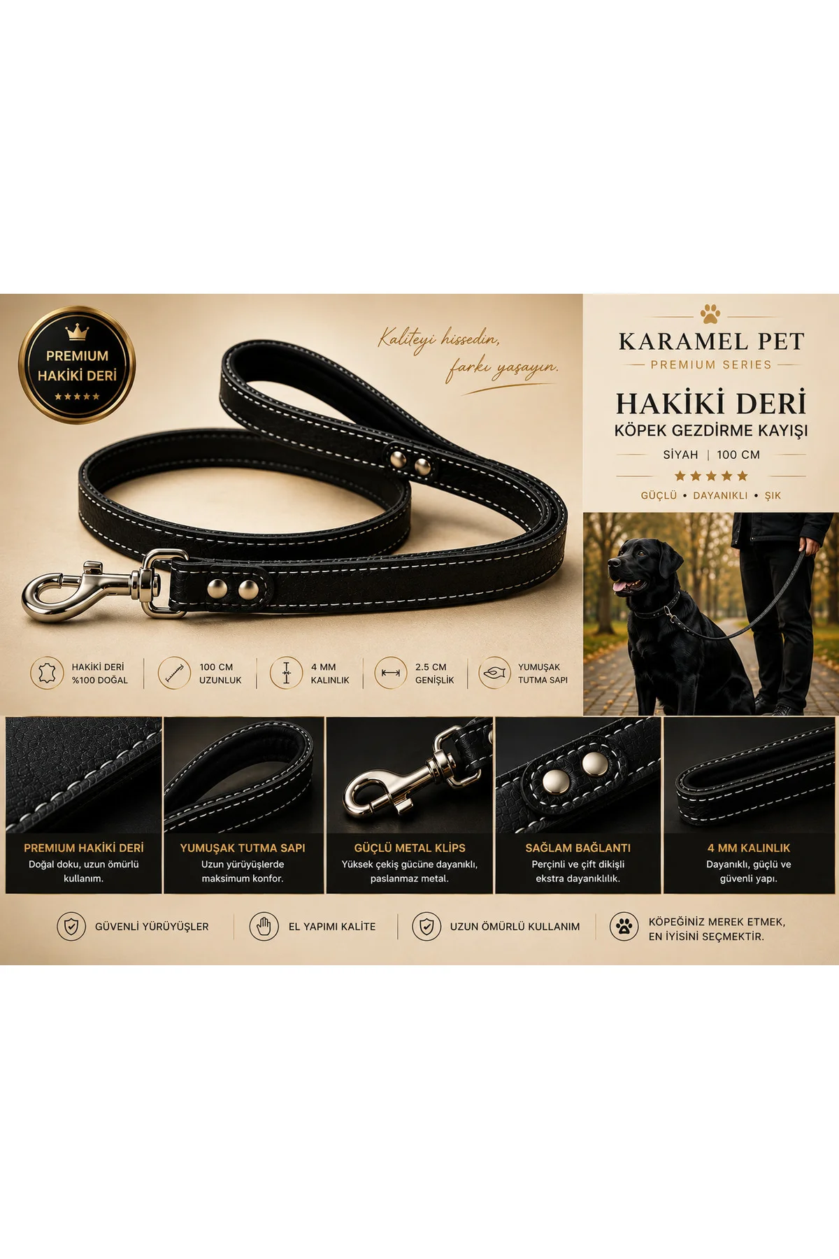 Hakiki Deri Köpek Gezdirme Kayışı Siyah 100 cm Yumuşak Dolgulu Tutma Saplı