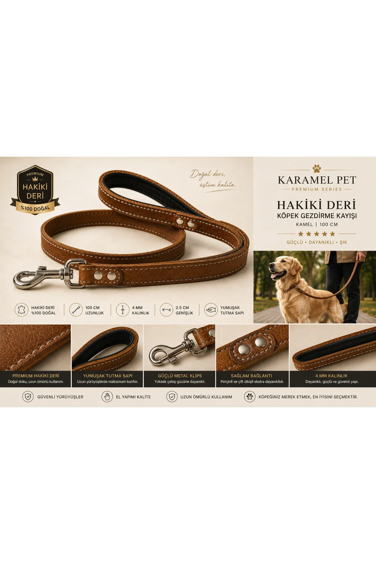 Hakiki Deri Köpek Gezdirme Kayışı Kamel 100 cm Yumuşak Dolgulu Tutma Saplı