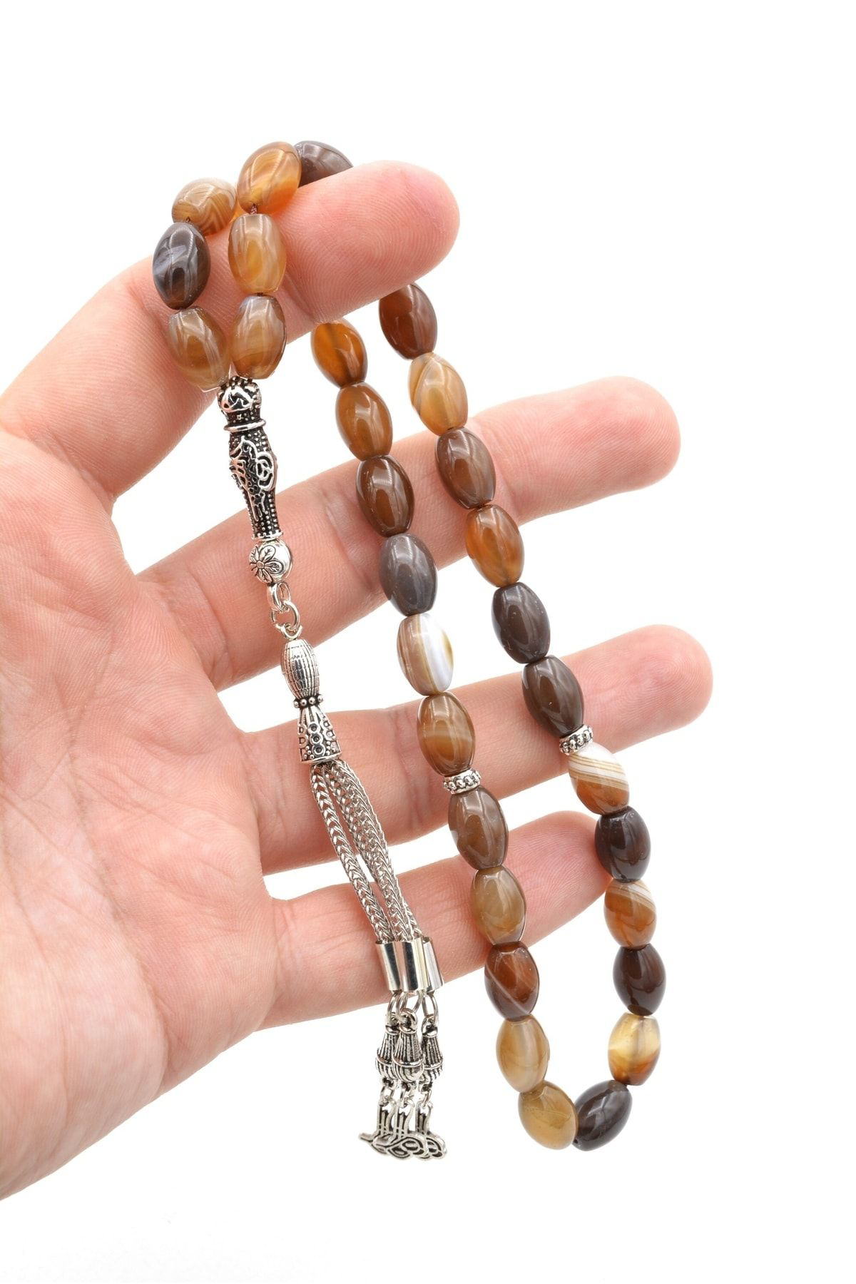 Murty99 Hakiki Doğal Arpa Kesim Kahverengi Akik Tesbih 1.Kalite Doğal Taş