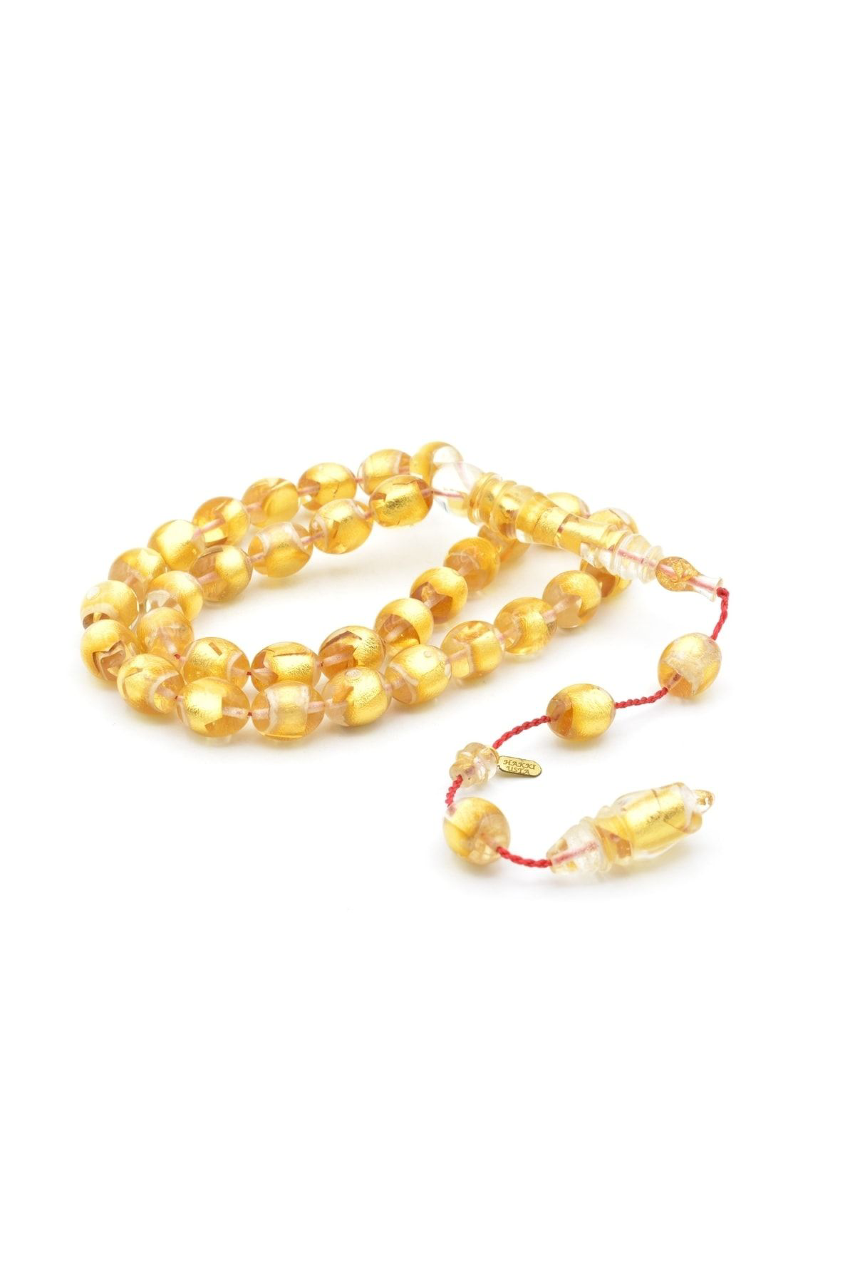 Murty99 Hakkı Usta İmzalı Tombul Beyzi Kesim Has Altın Parçalı Sıkma Kehribar Tesbih