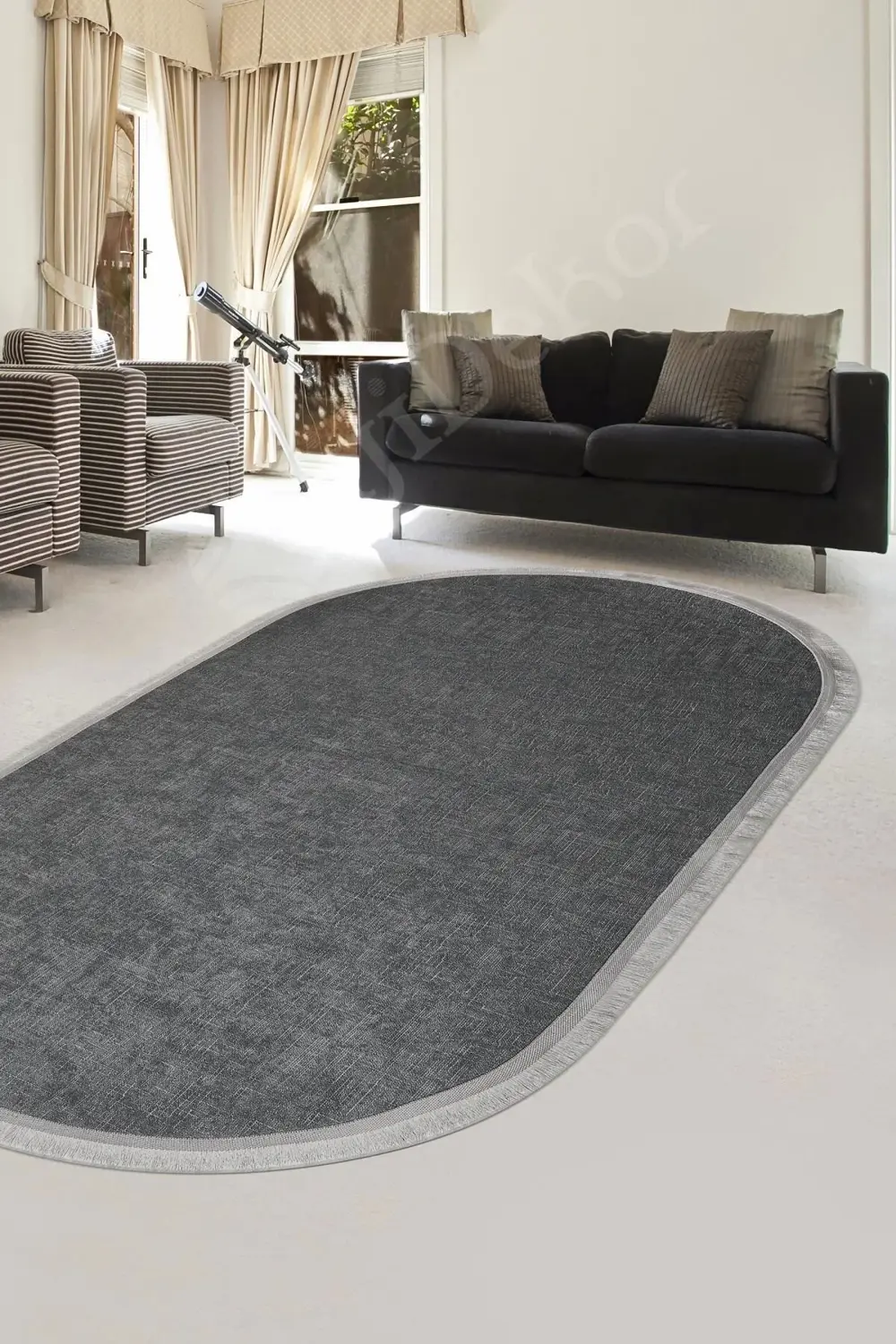 Halı Antrasit Cool K1290 Saçaklı Oval Kesme Ince Yolluk Kilim Sal