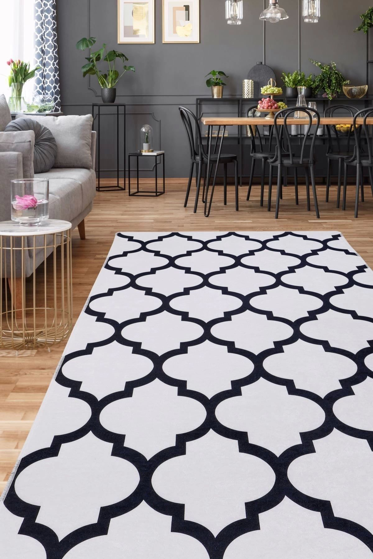 Dijidekor Hali Beyaz Maça Yikanabilir Saçaksiz Kesme İnce Yolluk Kilim Salo