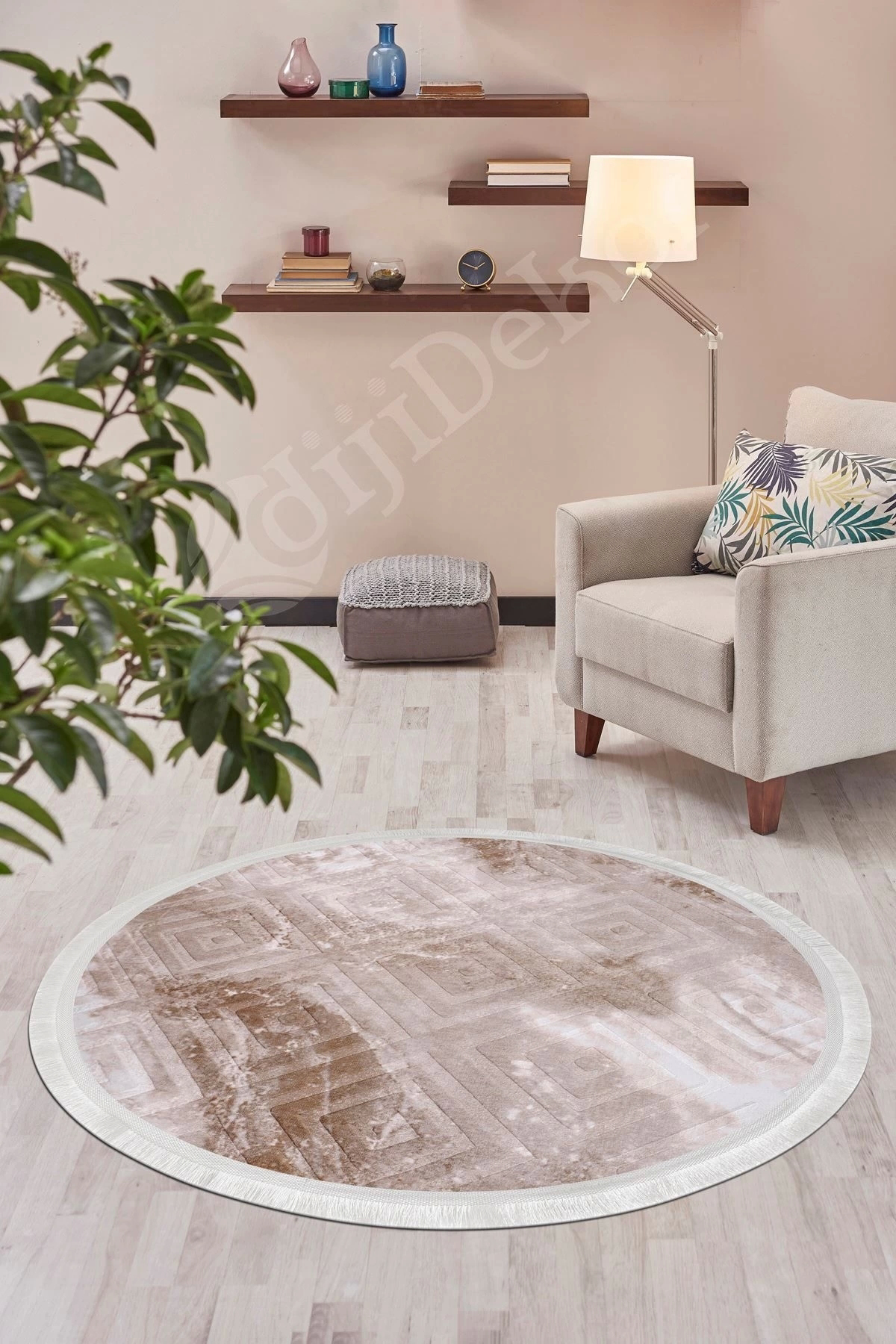 Halı Devetüyü Cool Karo Saçaklı Yuvarlak Kesme Ince Yolluk Kilim 