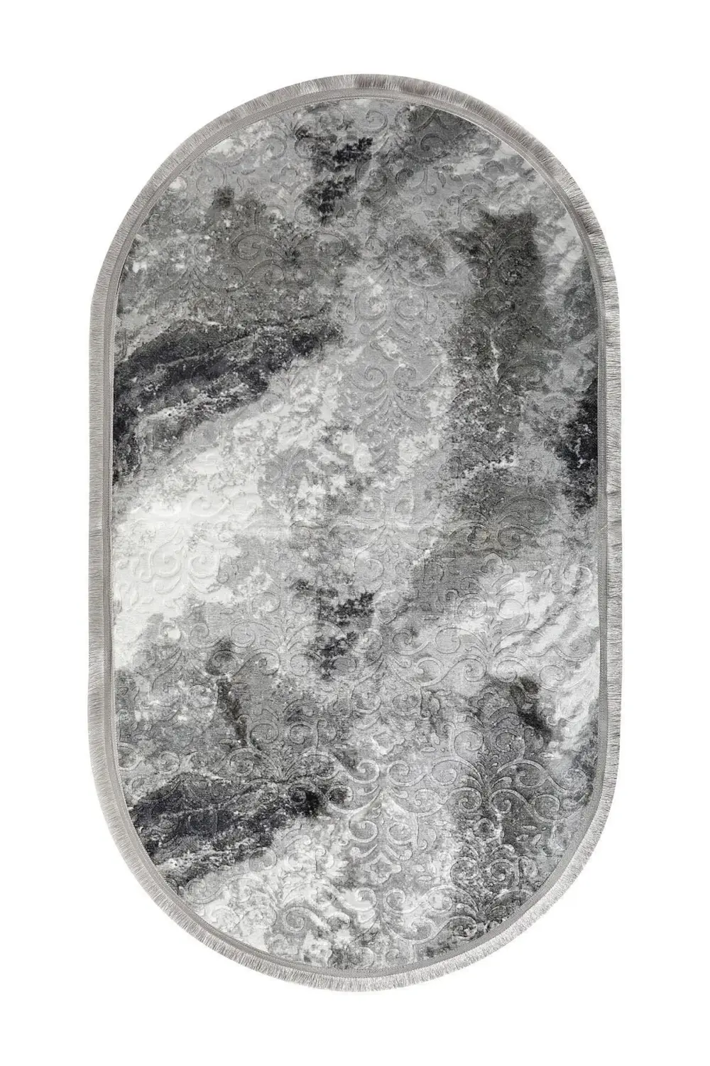 Halı Gri Cool Yıkanabilir Saçaklı Oval Delüxe Kesme Yolluk Kilim