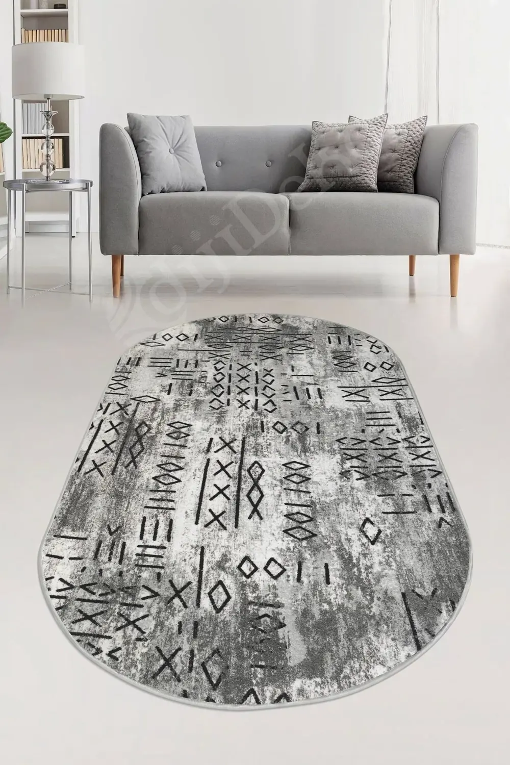 Halı Gri Iskandinav Yıkanabilir Saçaksız Oval Delüxe Yolluk Kilim