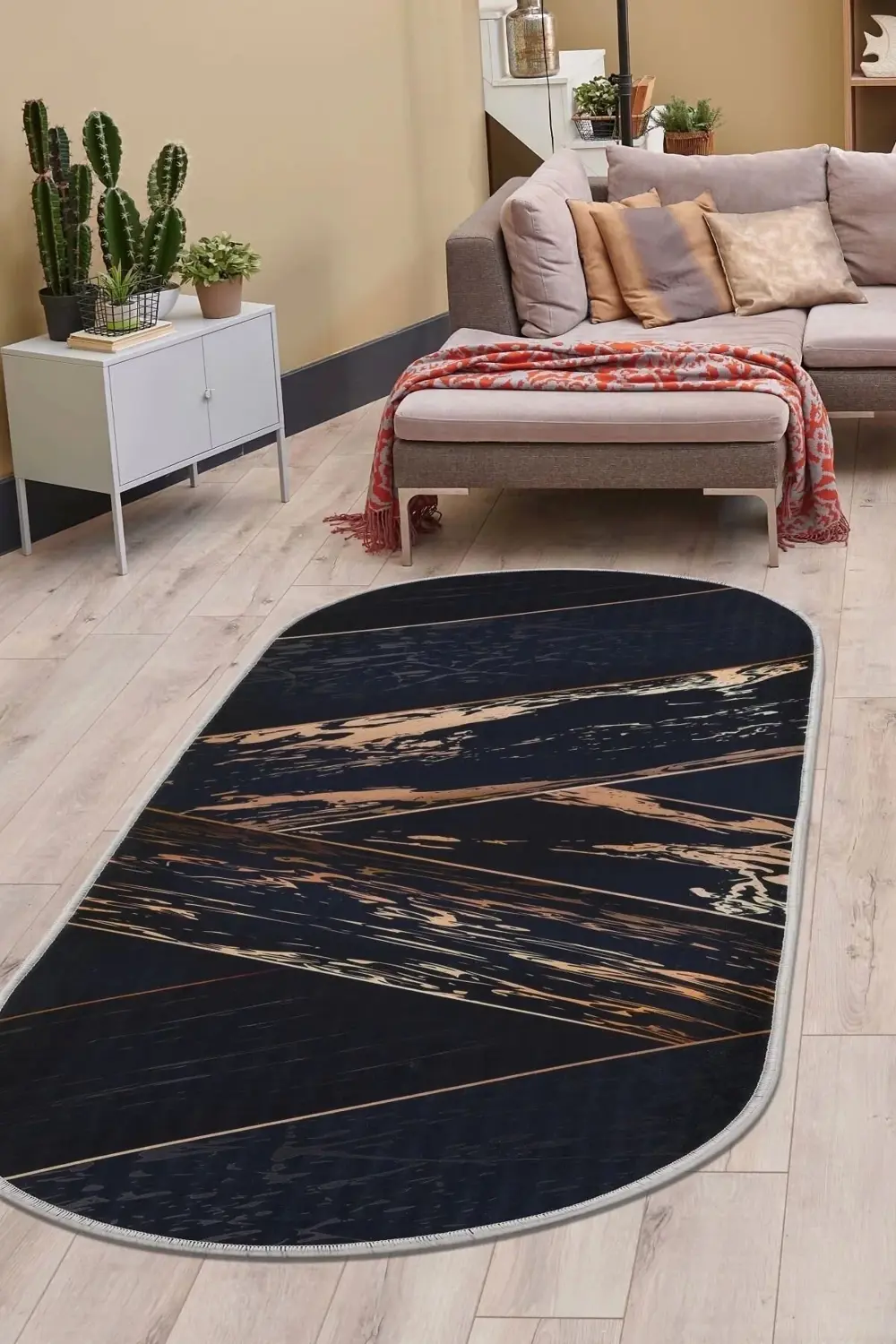 Halı Siyah Gold Cool Yıkanabilir Oval Kesme Ince Yolluk Kilim Sal