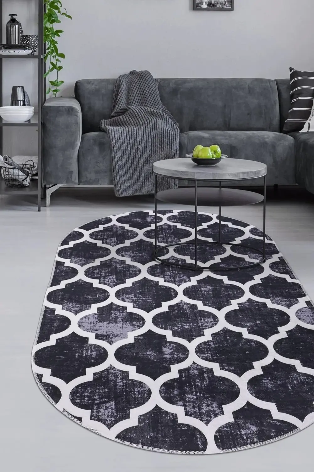 Halı Siyah Maça Yıkanabilir Saçaksız Oval Kesme Ince Yolluk Kilim