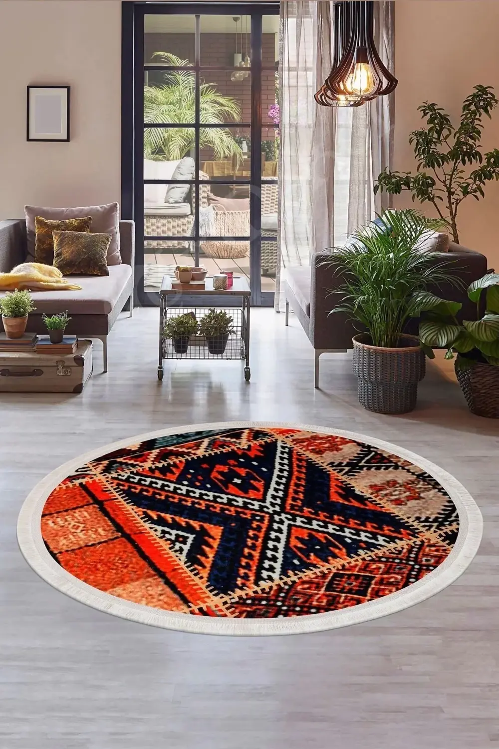 Halı Turuncu Cool K1300 Saçaklı Yuvarlak Kesme Ince Yolluk Kilim