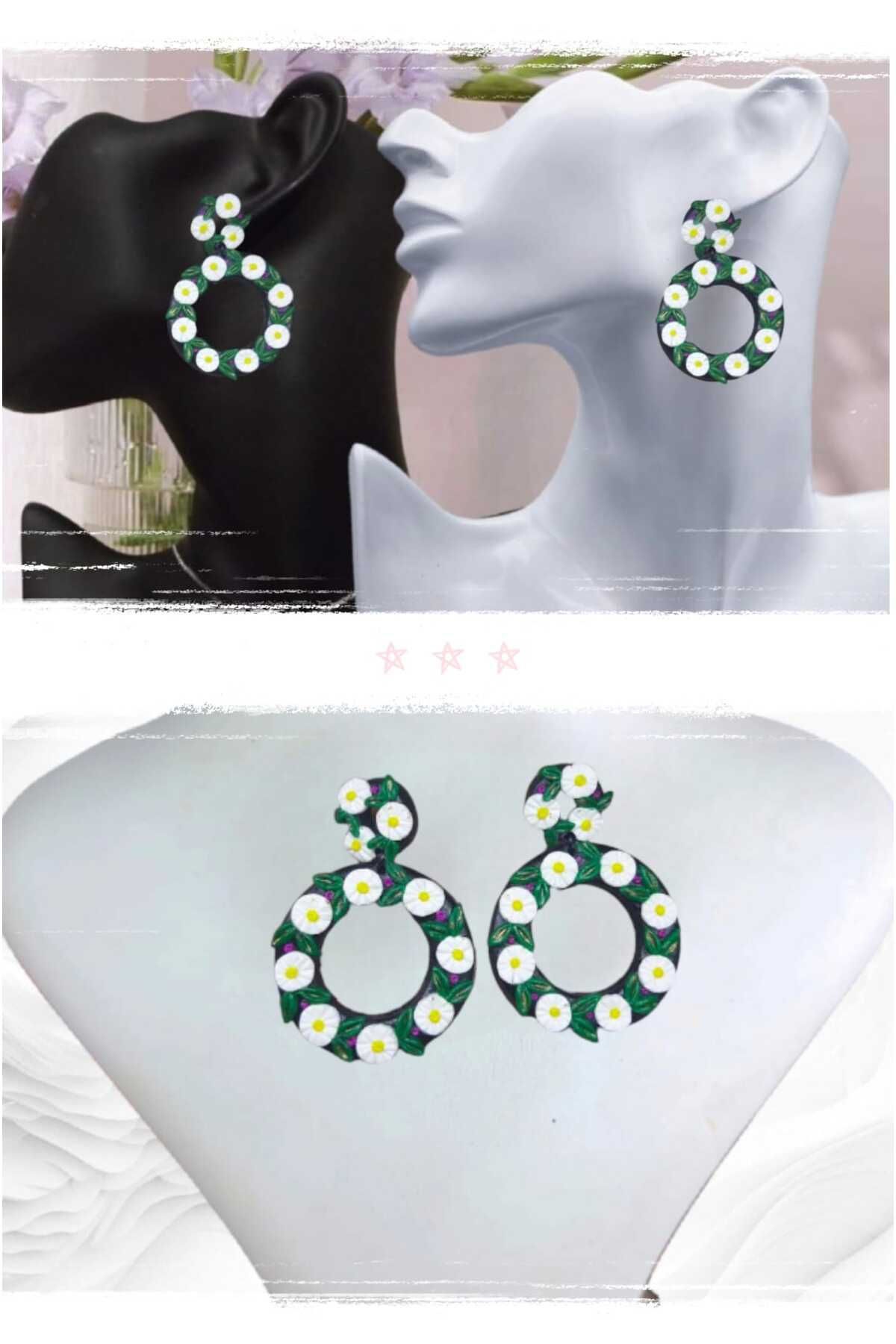 Halka Çiçekli Polimer Kil Tasarım Çivi Küpe