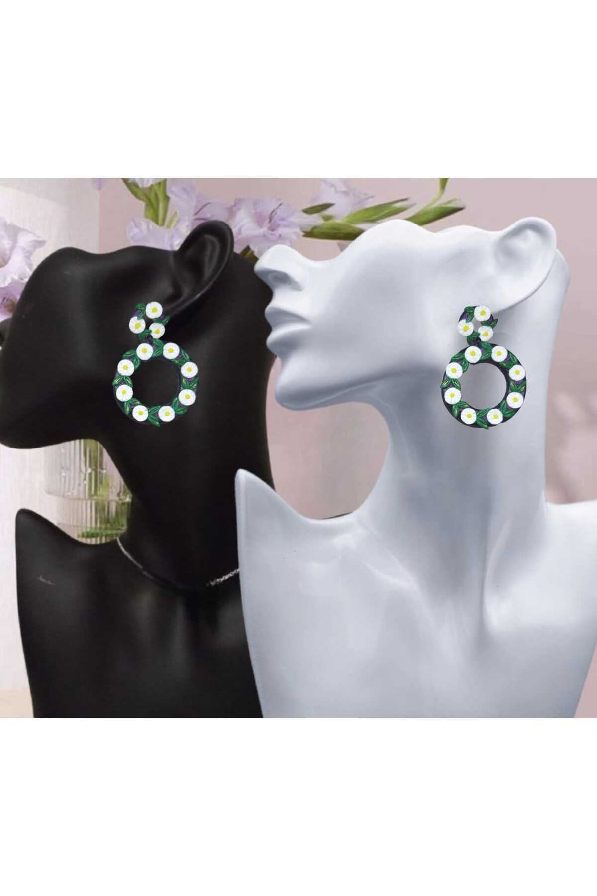 Halka Çiçekli Polimer Kil Tasarım Çivi Küpe