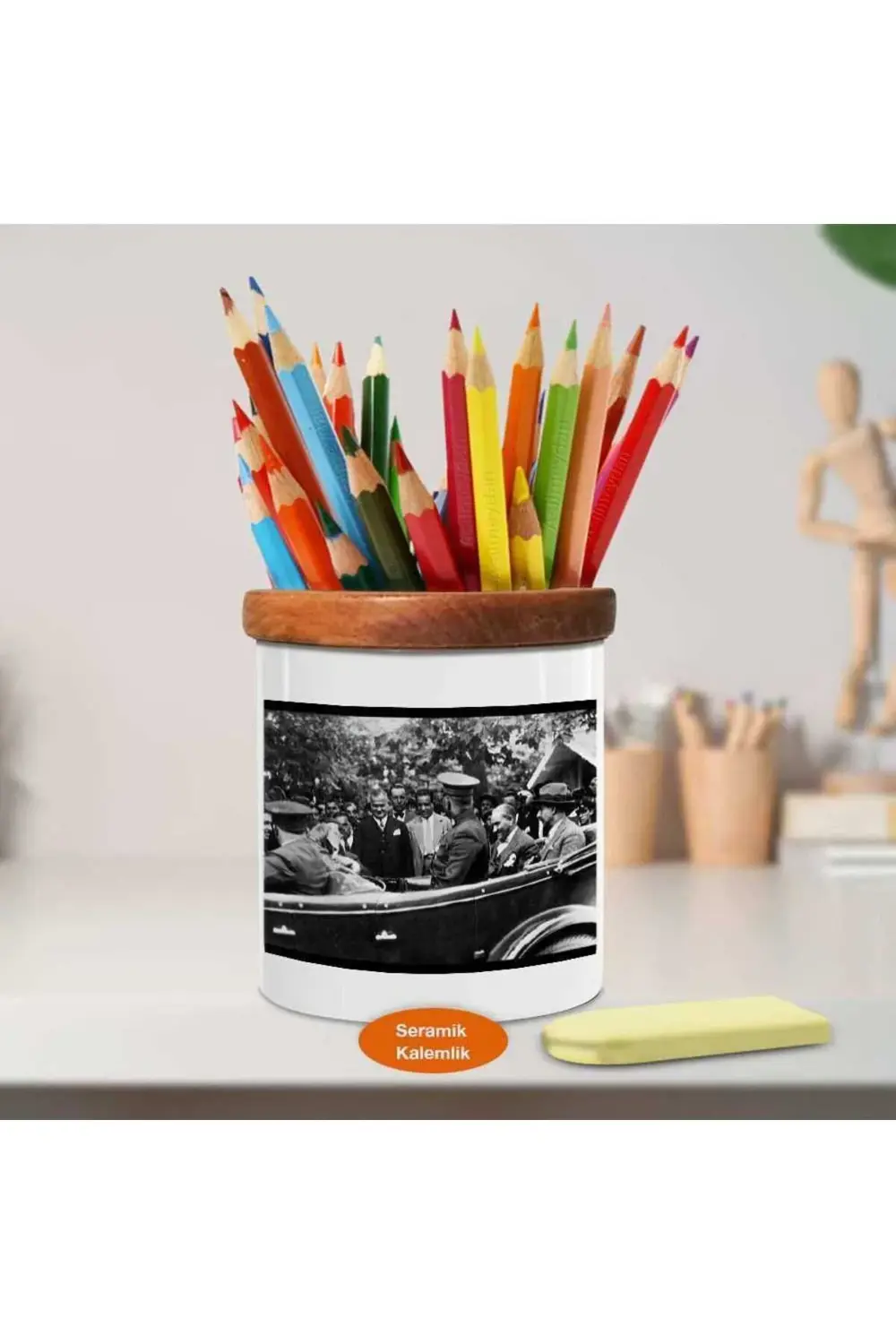 Halkın Içinde Kemal Atatürk Ahşap Seramik Kalemlik -ata1160)
