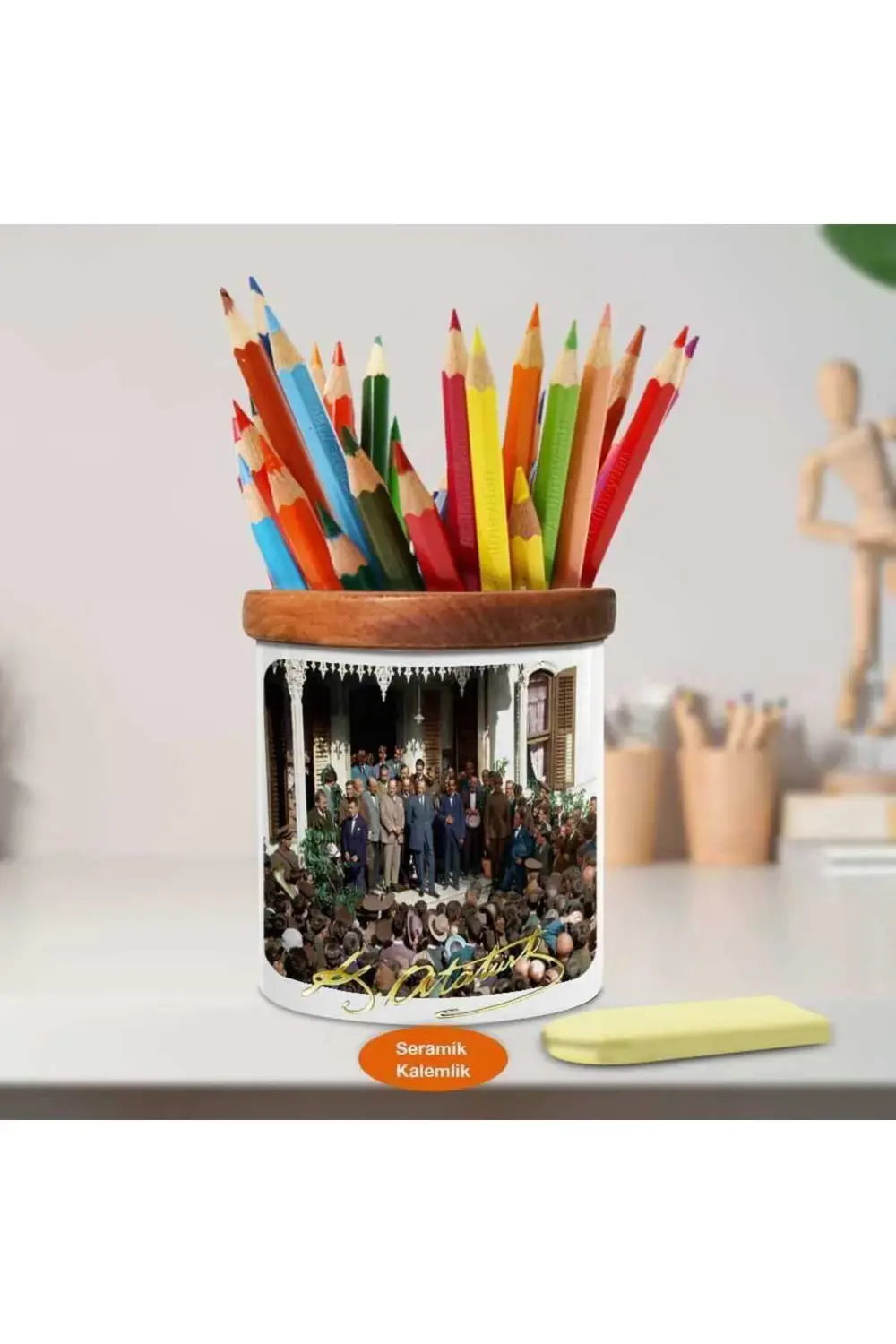 Halkına Seslenen Kemal Atatürk Ahşap Seramik Kalemlik -111kp4