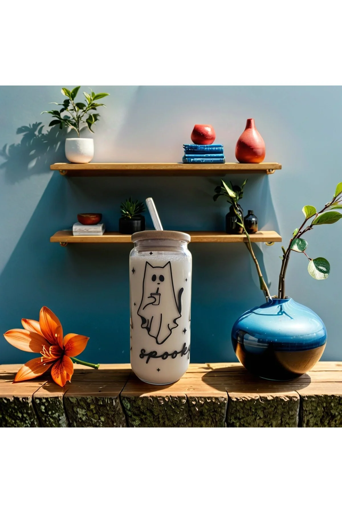 Halloween, Cadılar bayramı, Kedi, Hayalet bambu kapaklı cam pipet