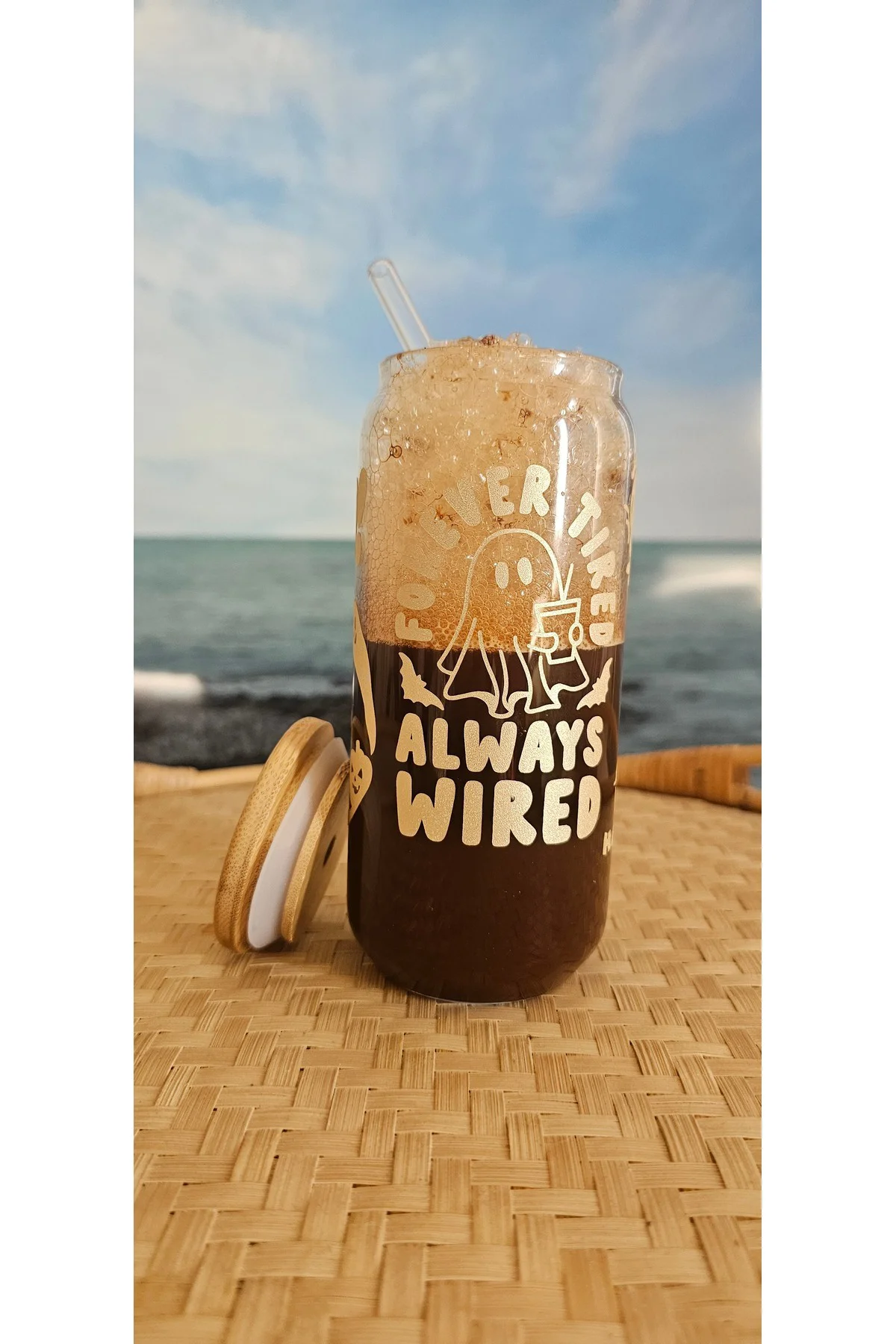 Halloween desenli, bambu kapaklı, cam pipetli, cam bardak, 400ml