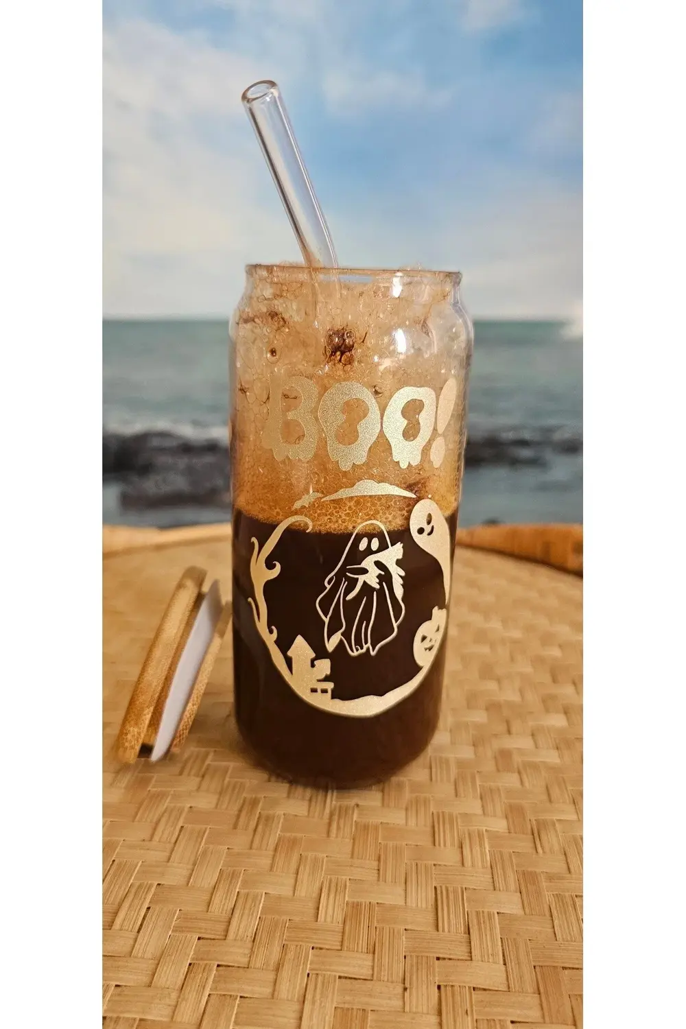 Halloween desenli, bambu kapaklı, cam pipetli, cam bardak, 400ml