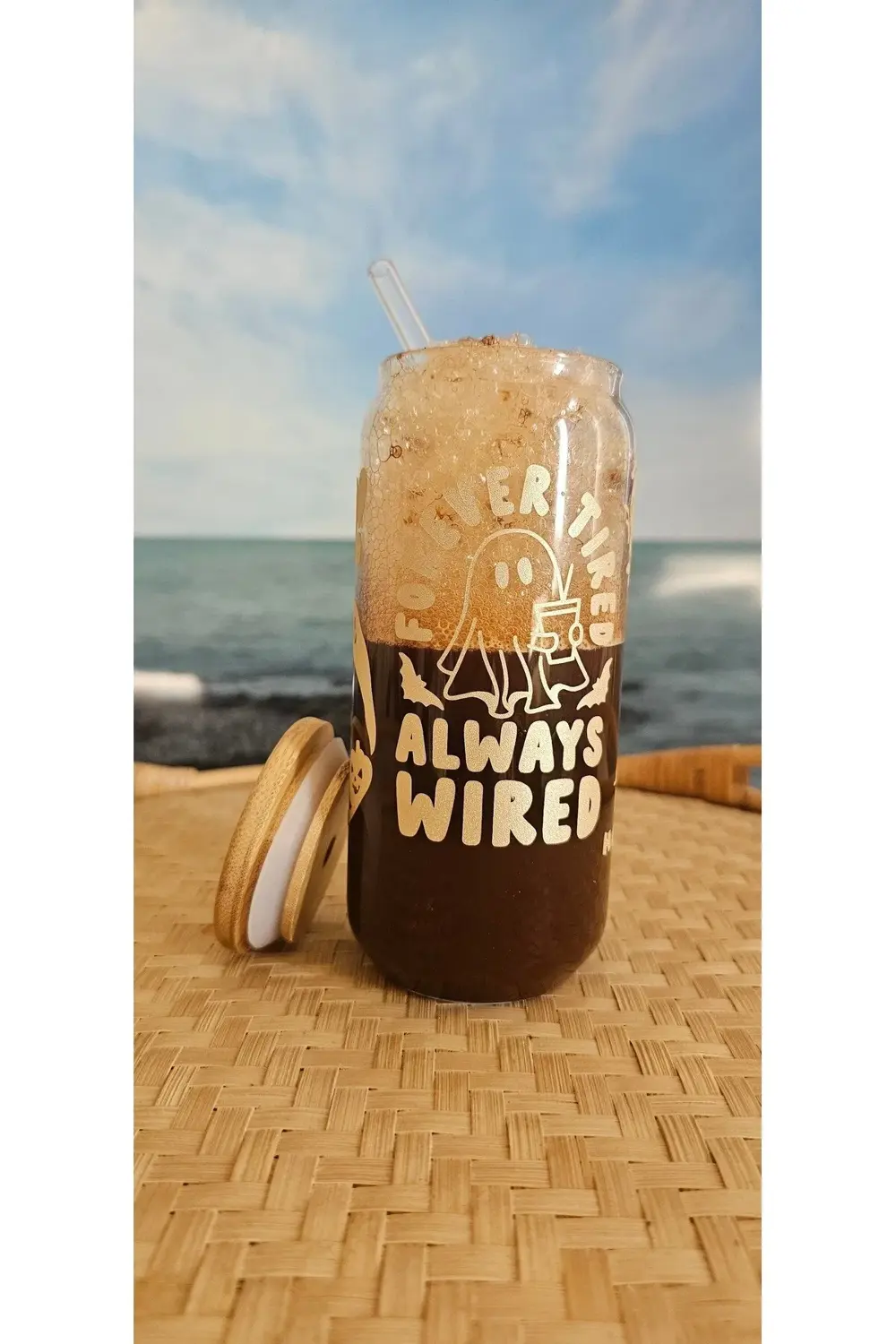 Halloween desenli, bambu kapaklı, cam pipetli, cam bardak, 400ml