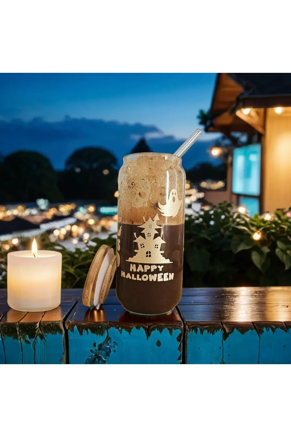 Halloween desenli, bambu kapaklı, cam pipetli, cam bardak, 400ml