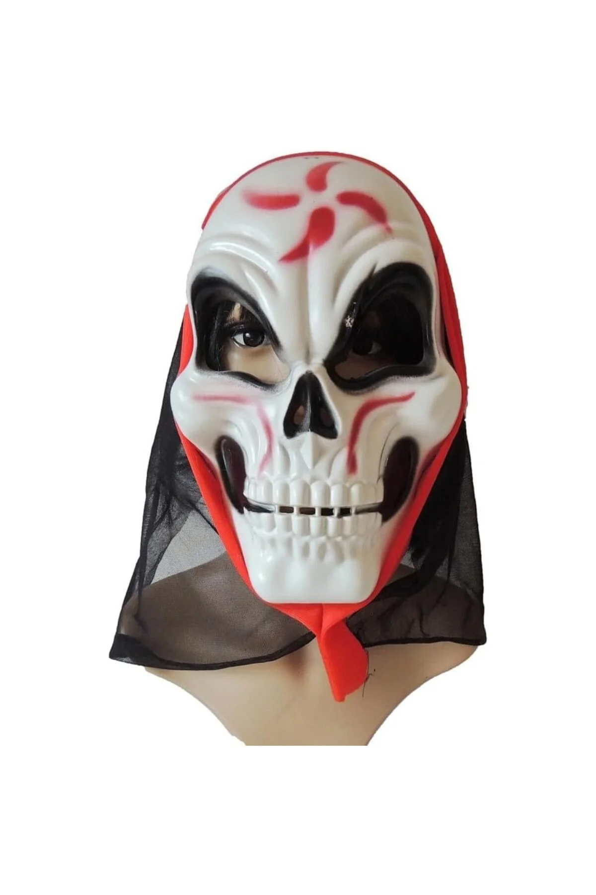 Halloween Maske İskelet Tüllü Kırmızı Beyaz