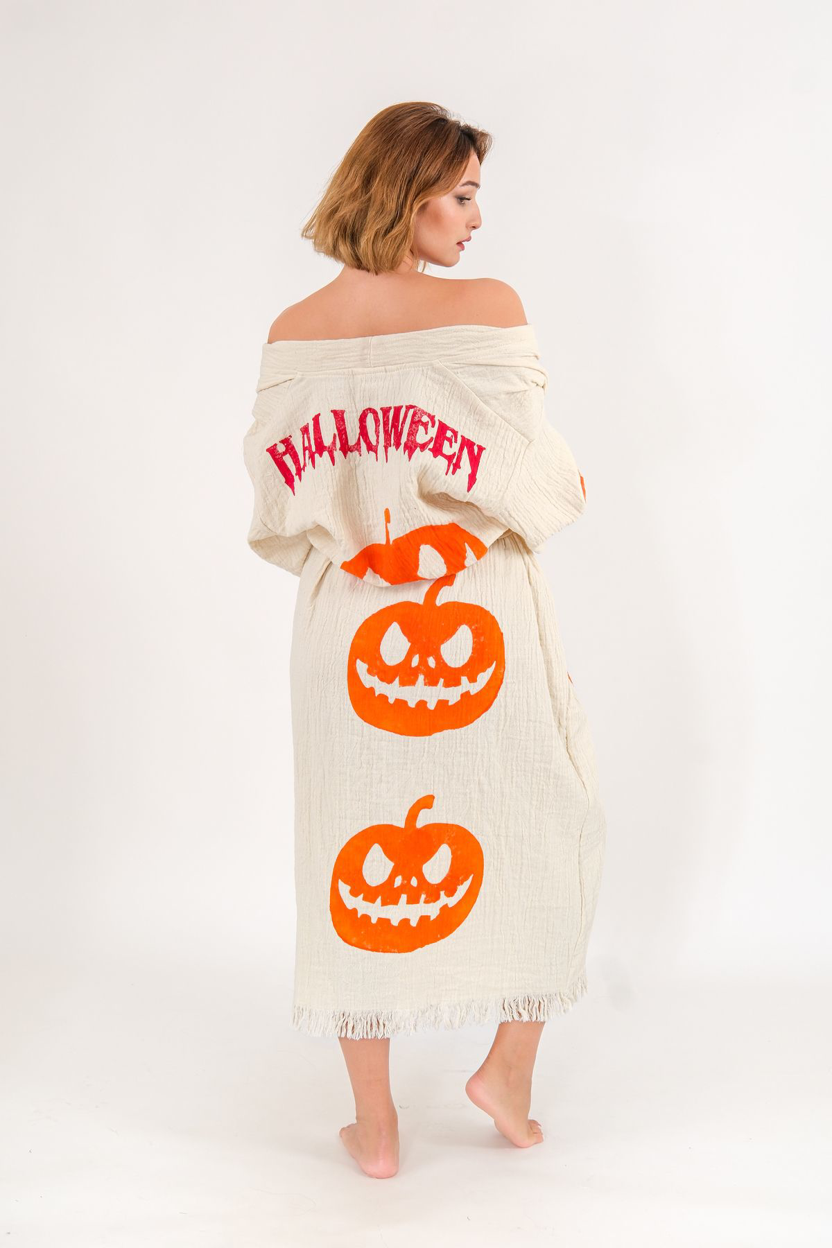 Halloween Müslin Kimono %100 Pamuklu Bornoz Kaftan Sabahlık