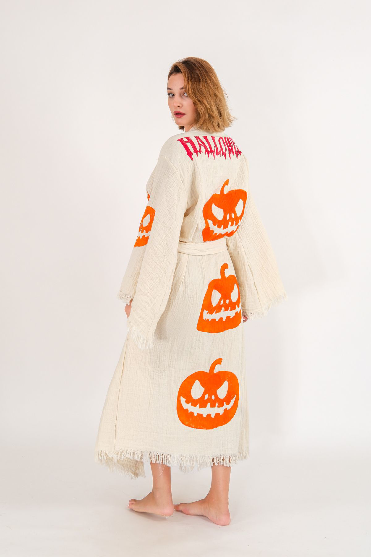 Halloween Müslin Kimono %100 Pamuklu Bornoz Kaftan Sabahlık