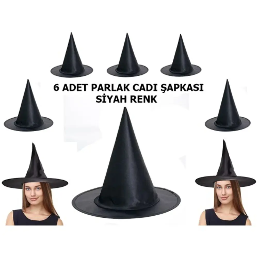 Halloween Siyah Renk Parlak Dralon Cadı Şapkası Yetişkin ve Çocuk