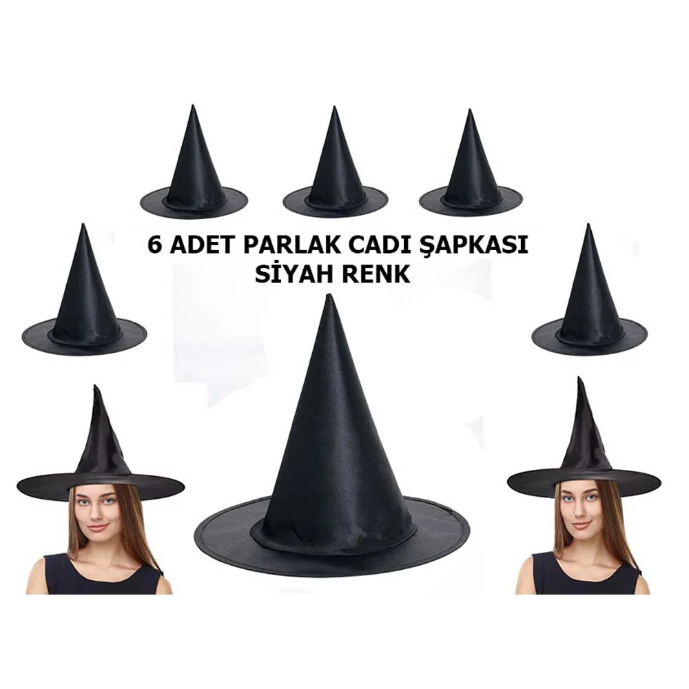Halloween Siyah Renk Parlak Dralon Cadı Şapkası Yetişkin ve Çocuk Uyumlu 6 Adet Fiyatı, Yorumları ve Özellikleri