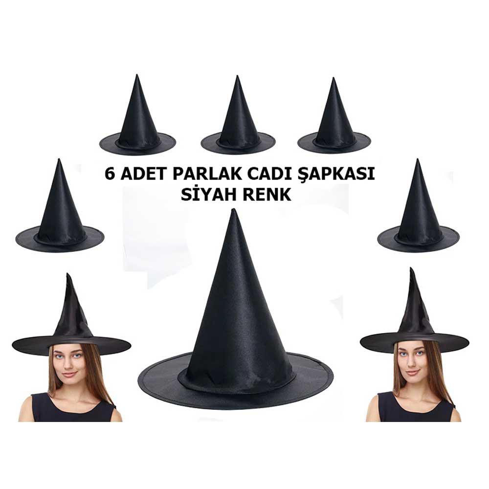 Halloween Siyah Renk Parlak Dralon Cadı Şapkası Yetişkin ve Çocuk