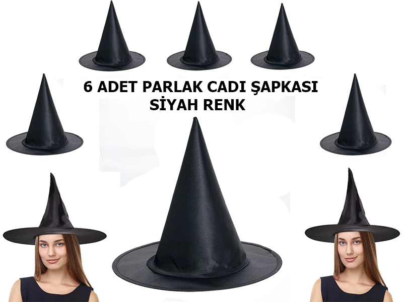 Halloween Siyah Renk Parlak Dralon Cadı Şapkası Yetişkin ve Çocuk
