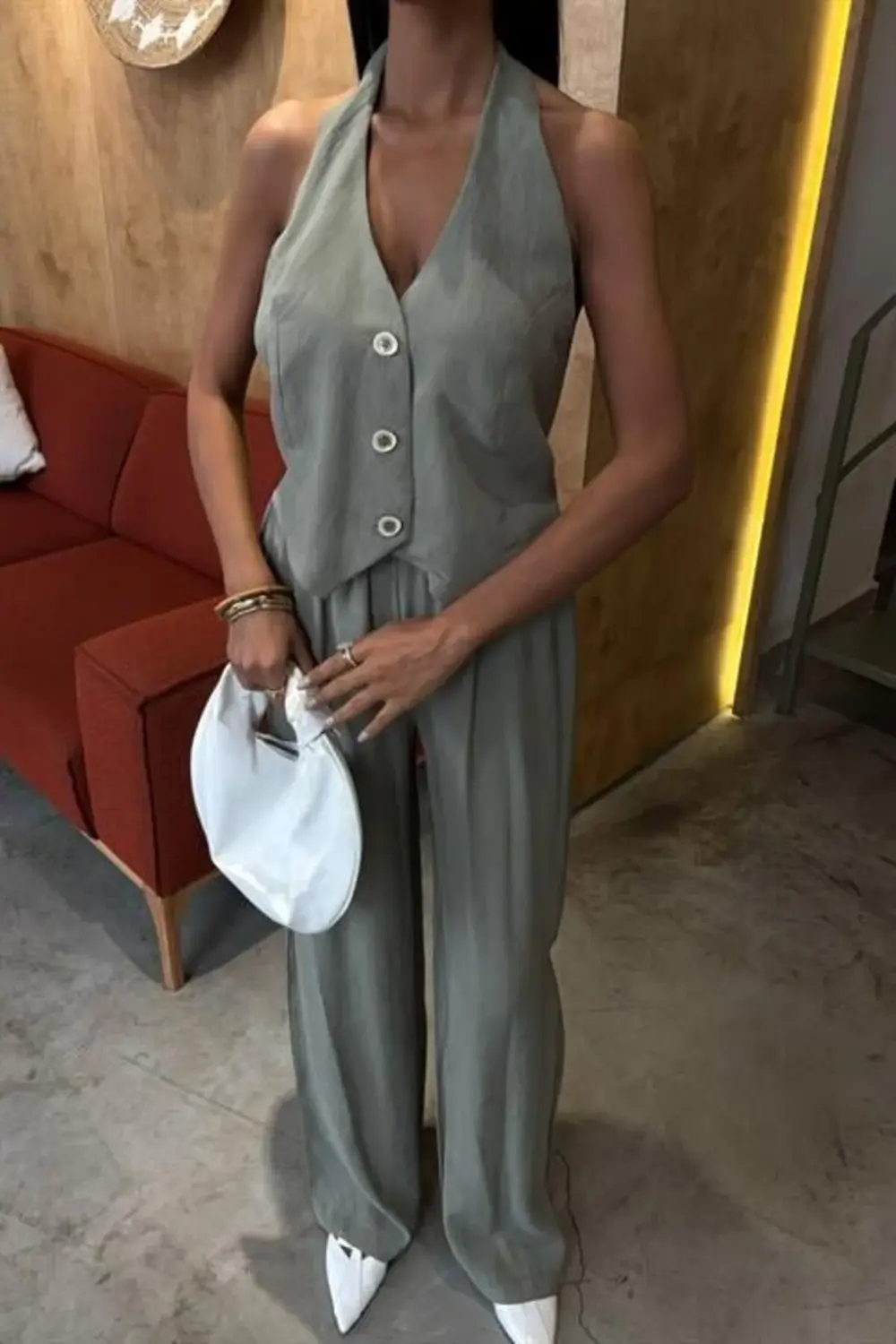 Halter Yaka Yelekli Modal Takım 10144