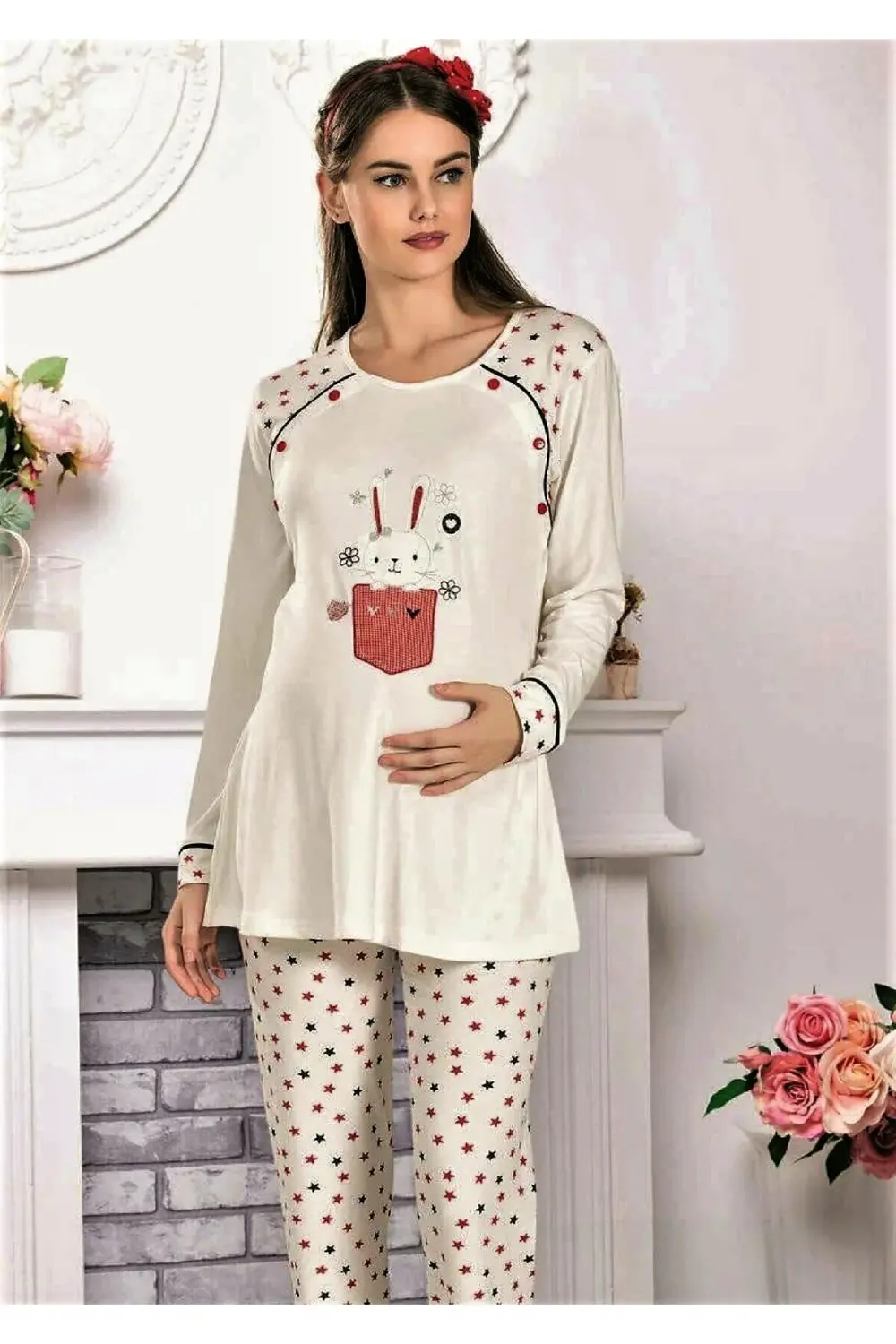 Hamile Pijama Takımı Ekru