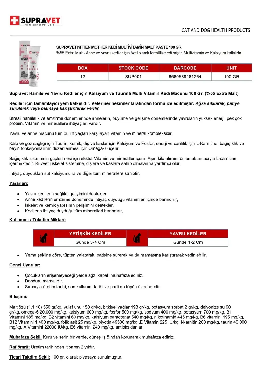 Supravet Hamile Ve Yavru Kediler İçin Kalsiyum Ve Taurinli Multi Vitamin K
