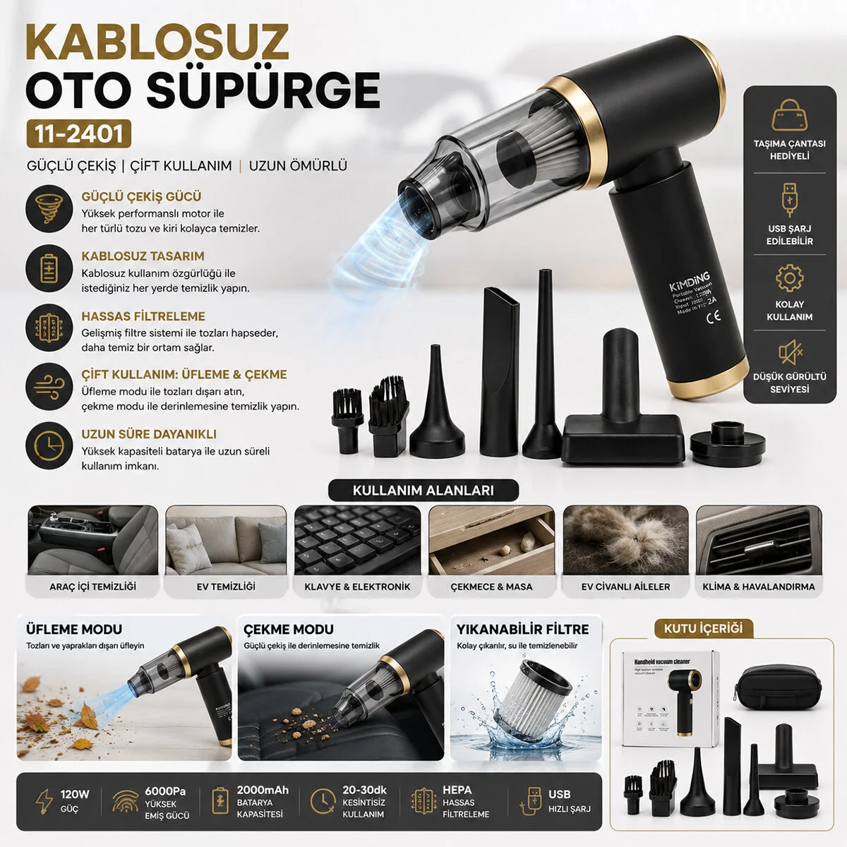 Handheld Vacuum Cleaner 2İN1=ÇEKME - Üfleme Oto - Araç - Ev El Tipi Süpürge Şarjlı Mini - Taşınabilir KH-128