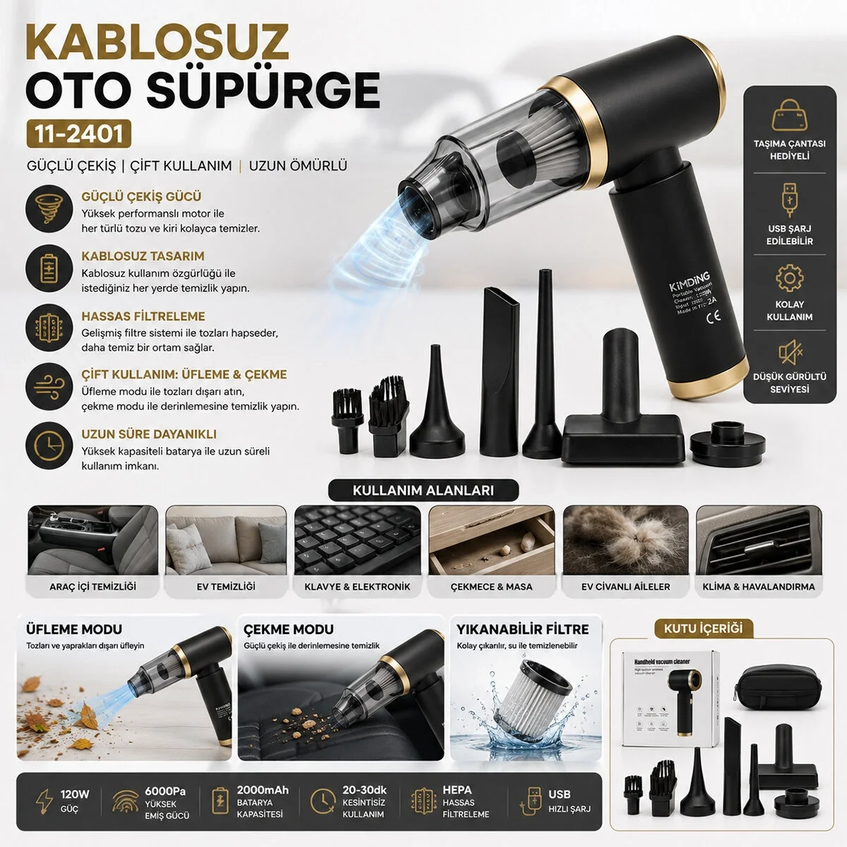 Handheld Vacuum Cleaner 2in1=çekme - Üfleme Oto - Araç - Ev El Tipi Süpürge Şarjlı Mini - Taşınabilir Kh-128 Bx40 Fiyatı, Yorumları ve Özellikleri