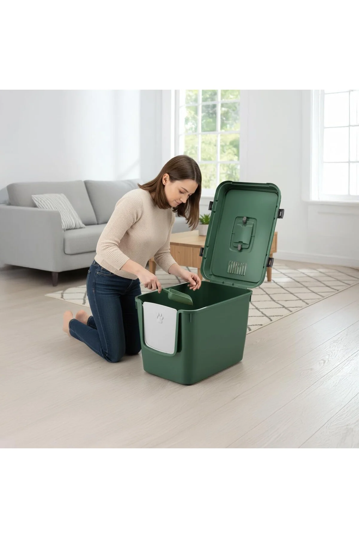 Handor Kapalı Kedi Tuvaleti XXL 57x39x43 - Yeşil - Dayanıklı Plas